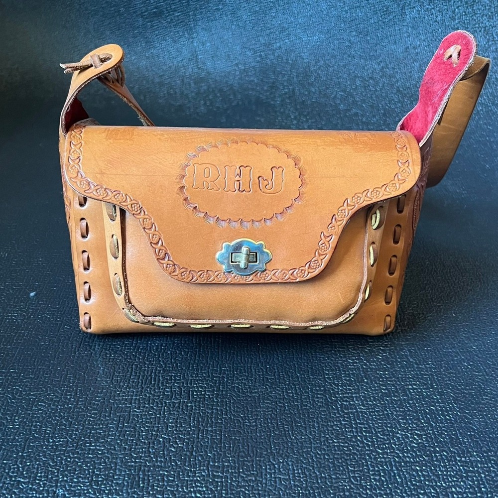 VTG Hand Tooled Leather Western Shoulder Bag Tan Floral